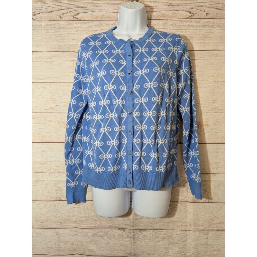 Charter Club Cardigan Sweater Womens Large Blue White Bows Long Sleeves